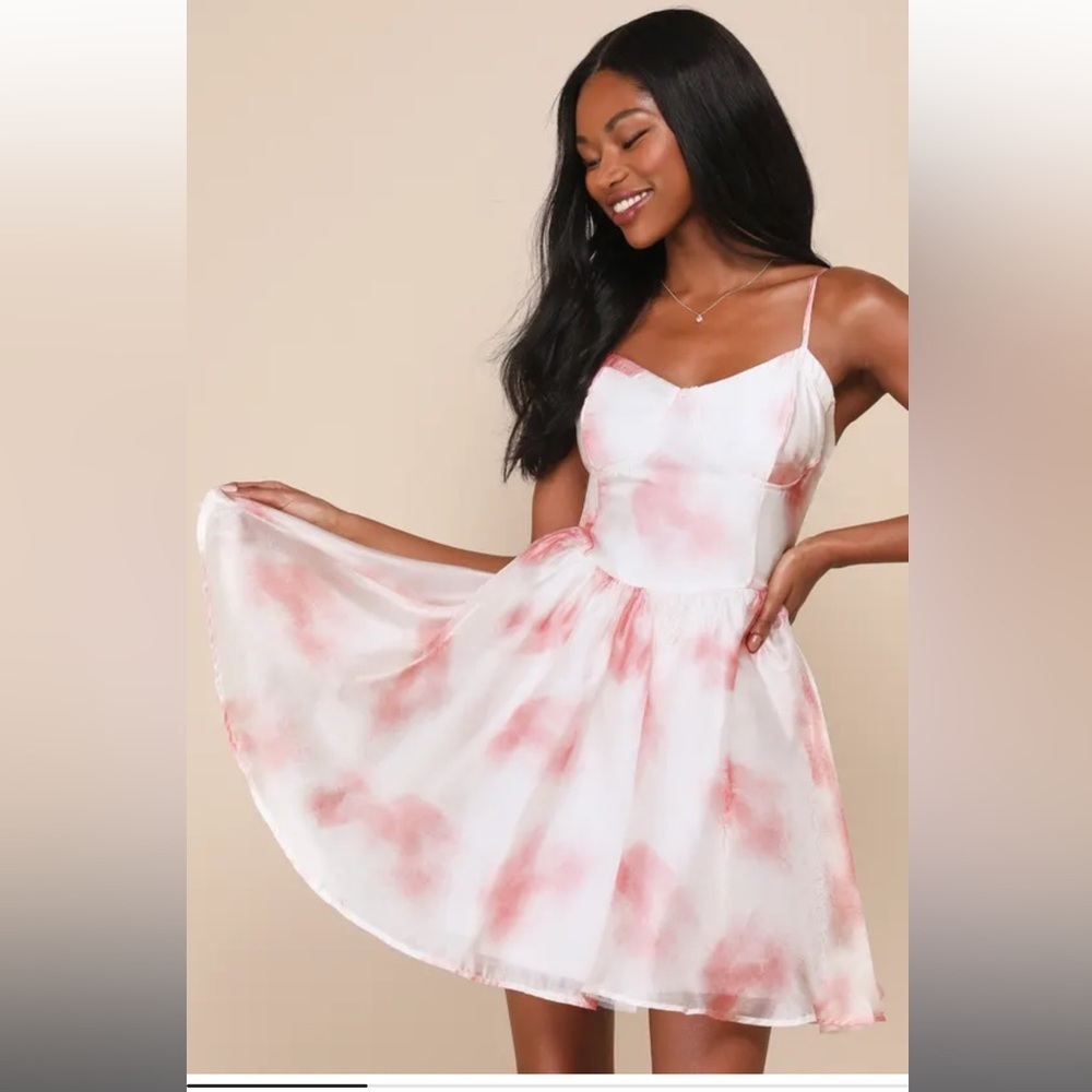 Freesia Chiffon Bustier Mini Dress Size XL Pink Ivory Spaghetti Straps NEW